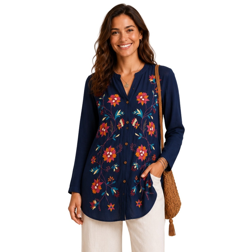 Soft Surroundings Top Womens Large Blue Floral Embroidered Paisley Back Tunic